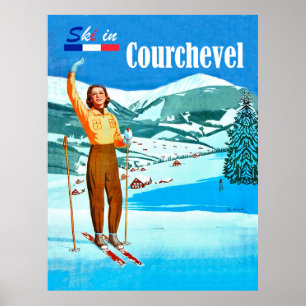 Skifahren in Courchevel, Frau auf Skiern, Frankrei Poster