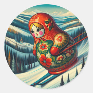 Skifahren Matryoshka Puppen Winterschnee Runder Aufkleber