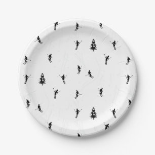 Skifahren Modernes Thema Schwarz-Weiß-Skifahrer Pappteller