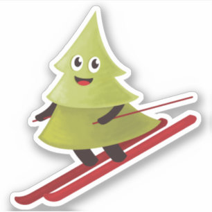 Skifahren Pine Tree Niedlicher Schneesport Winter Aufkleber