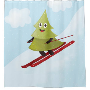 Skifahren Pine Tree Niedlicher Schneesport Winter Duschvorhang