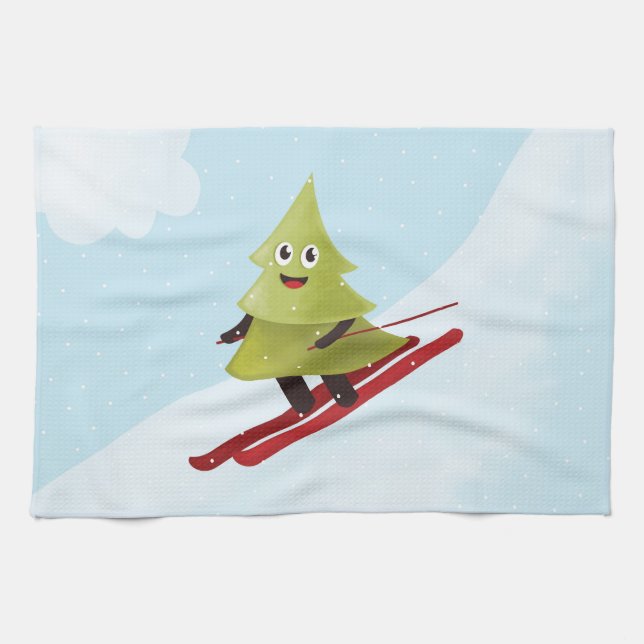 Skifahren Pine Tree Niedlicher Schneesport Winter Geschirrtuch (Horizontal)