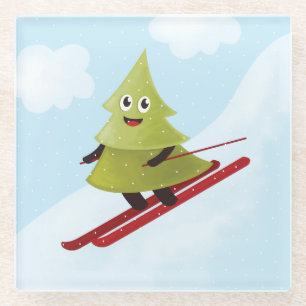 Skifahren Pine Tree Niedlicher Schneesport Winter Glasuntersetzer