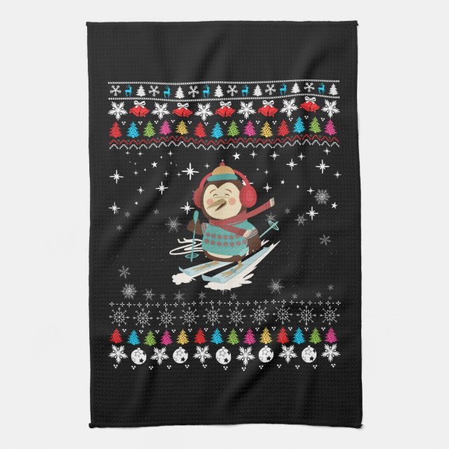 Skifahren Pinguin Weihnachten Geschirrtuch (Vertikal)