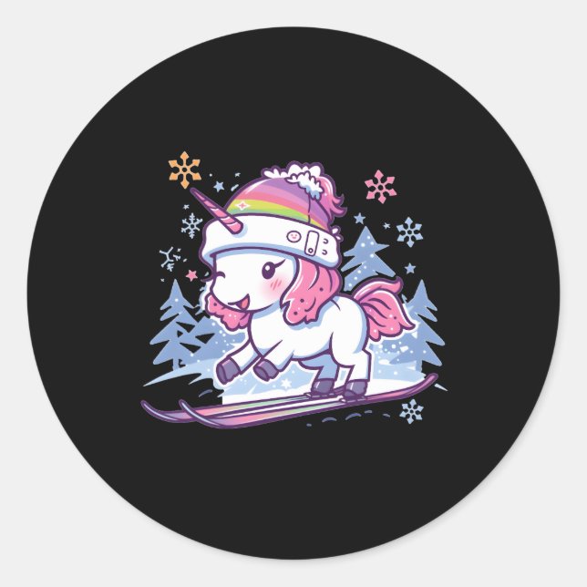 Skifahren Sport Ski Unicorn Runder Aufkleber (Vorderseite)