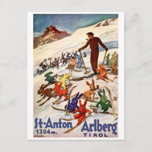 Skifahrende Kaninchen in St. Anton, Tirol, Österre Postkarte