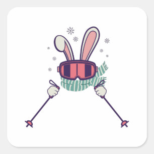 Skifahrender Hase mit Skistöcken und Skibrille Quadratischer Aufkleber
