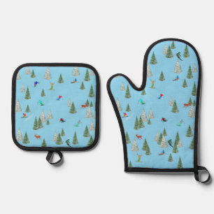 Skifahrer Abfahrtsskifahren Illustration Blassblau Ofenhandschuh & Topflappen-Set