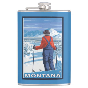 Skifahrer AdmiringMontanaVintage Reise-Plakat Flachmann