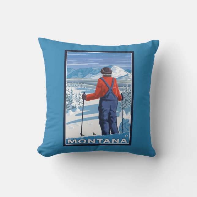 Skifahrer AdmiringMontanaVintage Reise-Plakat Kissen (Vorderseite)