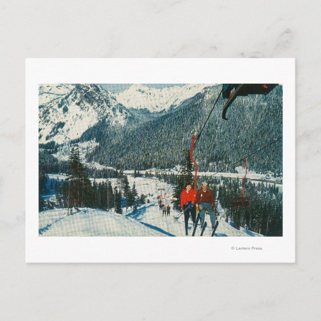 Skifahrer auf dem SesselliftSnoqualmie Pass, WA Postkarte (Vorderseite)