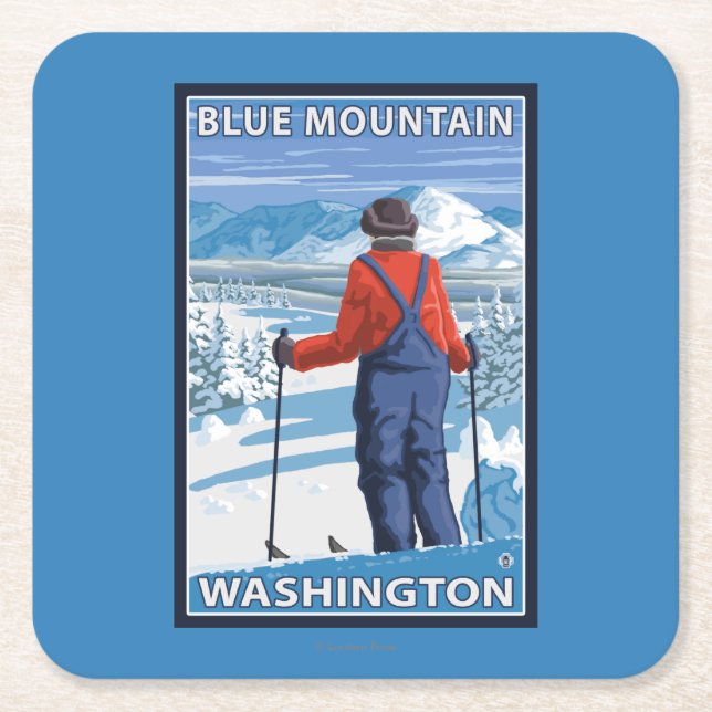 Skifahrer-Bewundern - blauer Berg, Washington Rechteckiger Pappuntersetzer (Vorderseite)