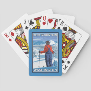 Skifahrer-Bewundern - blauer Berg, Washington Spielkarten