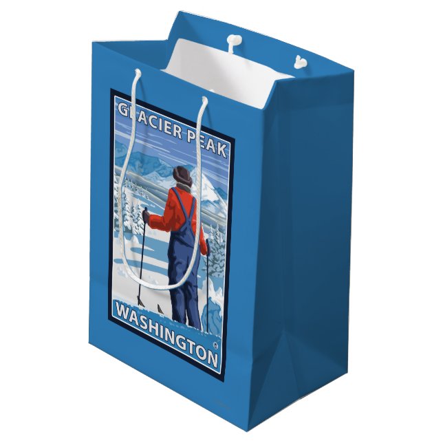 Skifahrer-Bewundern - Gletscher-Spitze, Washington Mittlere Geschenktüte (Rückseite Schrägansicht)
