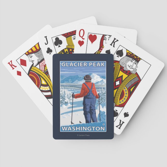 Skifahrer-Bewundern - Gletscher-Spitze, Washington Spielkarten (Rückseite)