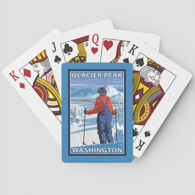 Skifahrer-Bewundern - Gletscher-Spitze, Washington Spielkarten (Rückseite)