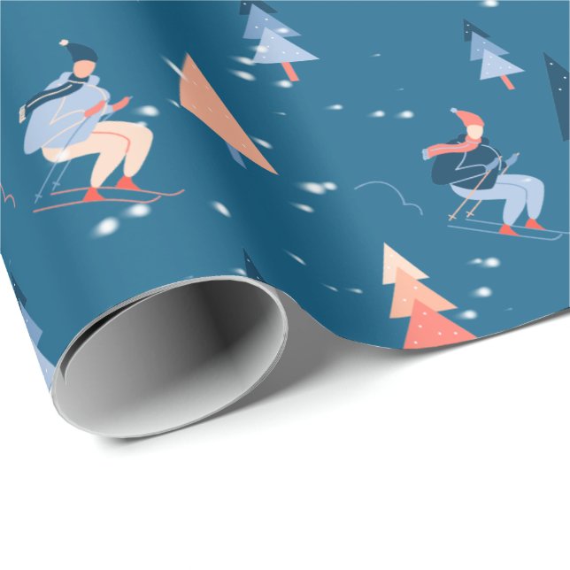 Skifahrer in Schneeflocken auf blauem Wrapping Pap Geschenkpapier (Rolleneckpunkt)
