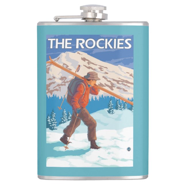 Skifahrer-tragende Schnee-Skis - die Rockies Flachmann (Vorderseite)