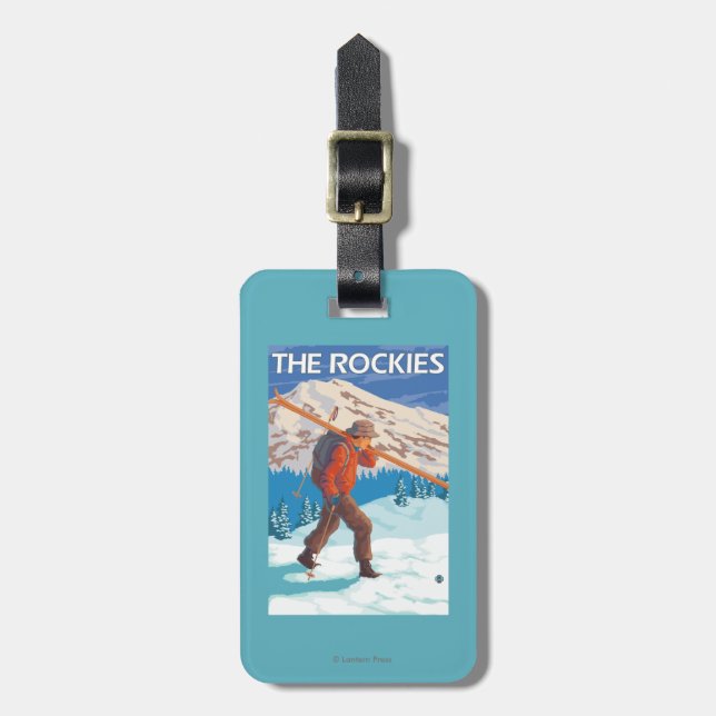Skifahrer-tragende Schnee-Skis - die Rockies Gepäckanhänger (Vorderseite vertikal)