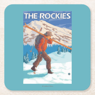 Skifahrer-tragende Schnee-Skis - die Rockies Rechteckiger Pappuntersetzer