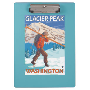 Skifahrer-tragende Schnee-Skis - Gletscher-Spitze, Klemmbrett