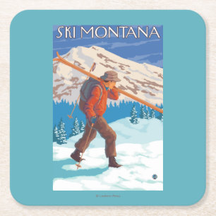 Skifahrer-tragende Schnee-Skis - Montana Rechteckiger Pappuntersetzer