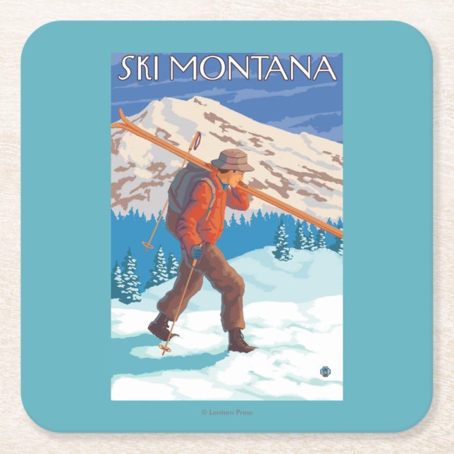 Skifahrer-tragende Schnee-Skis - Montana Rechteckiger Pappuntersetzer (Vorderseite)