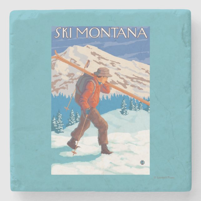 Skifahrer-tragende Schnee-Skis - Montana Steinuntersetzer (Vorderseite)