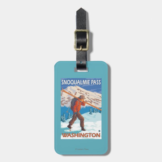 Skifahrer-tragende Schnee-Skis - Snoqualmie Gepäckanhänger (Vorderseite vertikal)