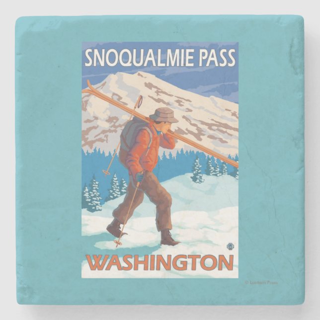 Skifahrer-tragende Schnee-Skis - Snoqualmie Steinuntersetzer (Vorderseite)