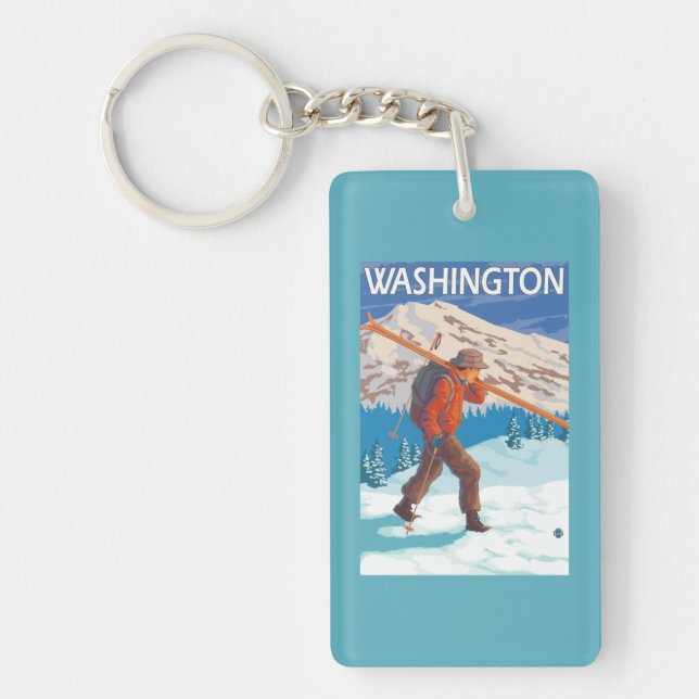 Skifahrer-tragende Schnee-Skis - Washington Schlüsselanhänger (Vorderseite)