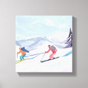 Skifreunde   Schönes Aquarell Skigebiet Leinwanddruck