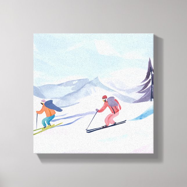 Skifreunde | Schönes Aquarell Skigebiet Leinwanddruck (Vorderseite)