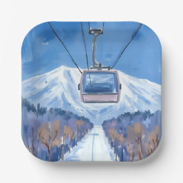 Skigondel Schneebedeckter Berg Aquarell Pappteller