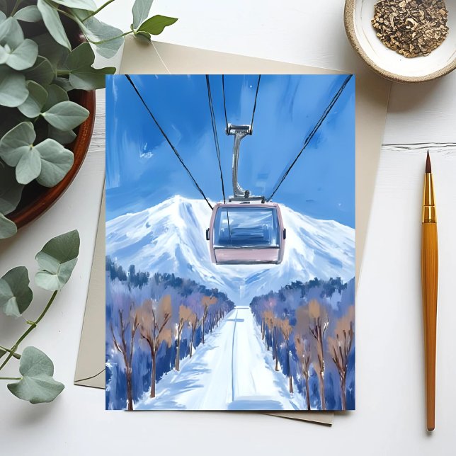 Skigondel Schneebedeckter Berg Aquarell Postkarte (Von Creator hochgeladen)