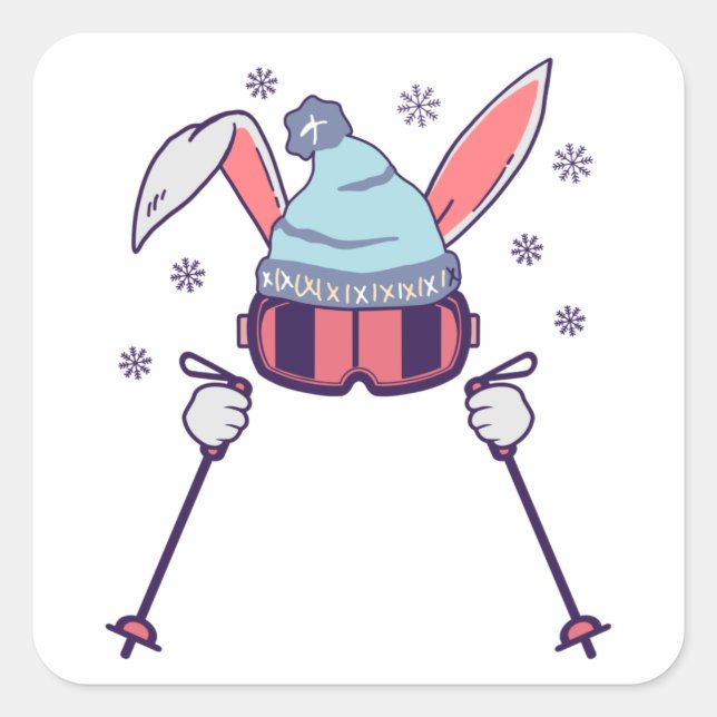 Skihasen mit Skistöcken Skikappe Quadratischer Aufkleber (Vorderseite)