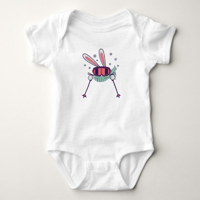 Skihasen mit Skistöcken und Schal Baby Strampler (Vorderseite)
