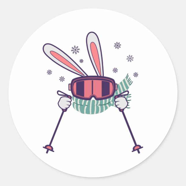 Skihasen mit Skistöcken und Schal Runder Aufkleber (Vorderseite)