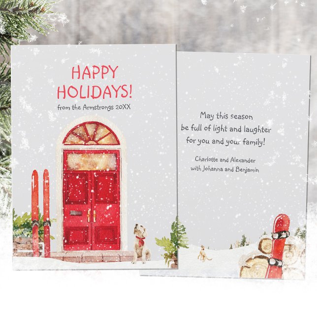 Skihunde mit roter Tür, Aquarellbahn Feiertagskarte (Watercolor Ski Dog Red Door Scene Holiday Card ©Susanne Sachers - Sunny Mind Design 🌞)