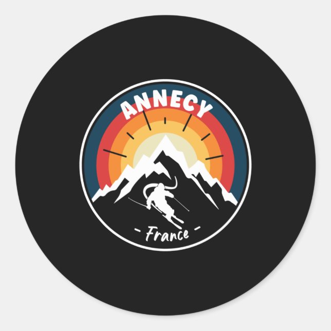 Skiing Annecy Frankreich Vintag Runder Aufkleber (Vorderseite)