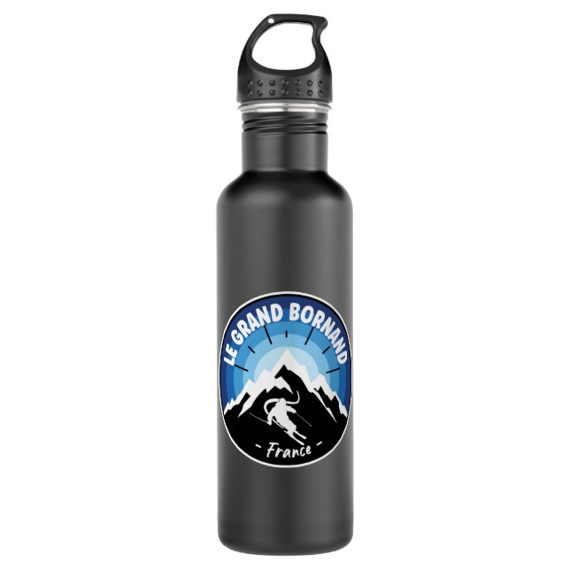 Skiing in Le Grand Bornand France Blue Edelstahlflasche (Vorderseite)