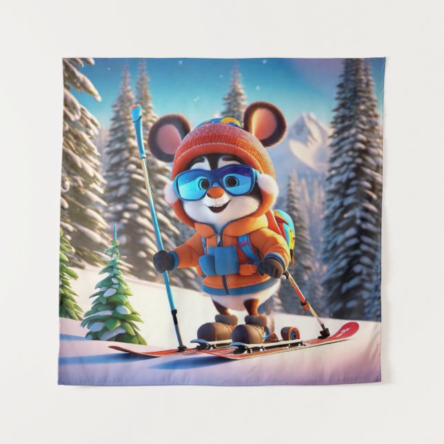 Skiing Mouse Tapestry Wandteppich (Vorderseite)