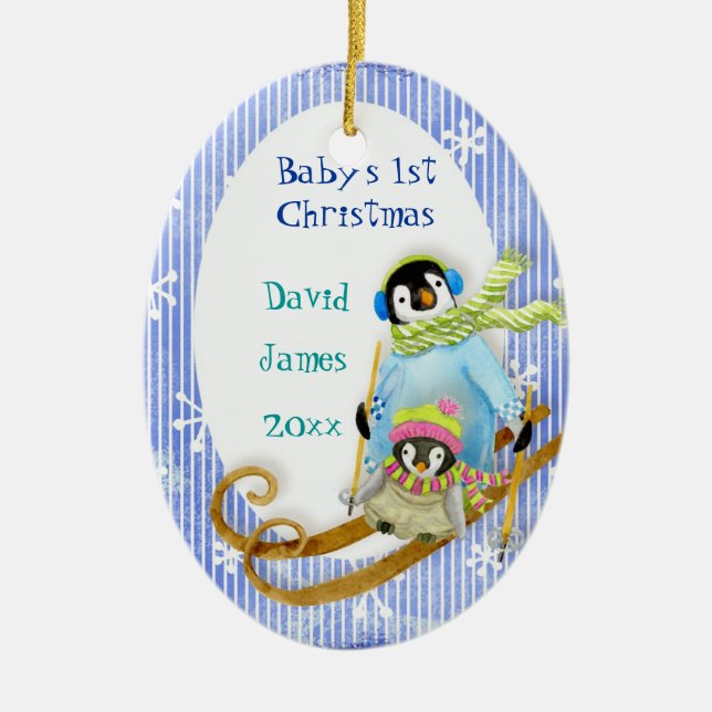 Skiing Pinguin Baby's 1. Weihnachtsdekoration Keramikornament (Vorne)