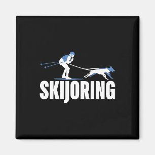 Skijoring Lustiger Hund zieht Ski Fahren Skifahren Magnet