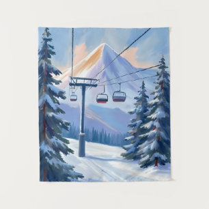 Skilift Berg Winter Aquarell Skifahren Wandteppich