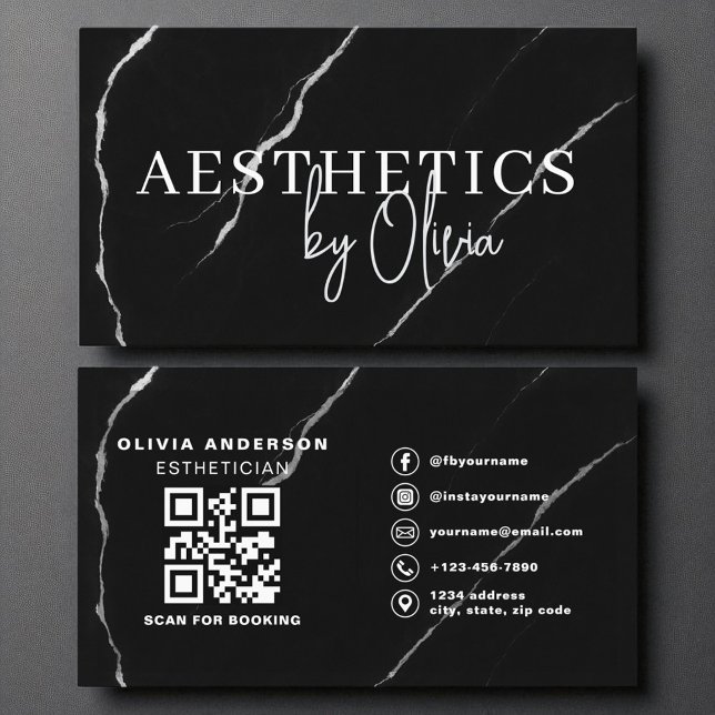 Skincare Esthetician QR Code Silver Black Marmor Visitenkarte (Von Creator hochgeladen)