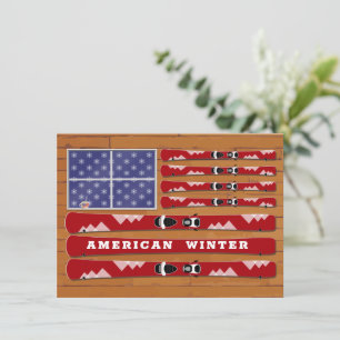 Skis and Snowflakes USA Flag mit Holzmauer