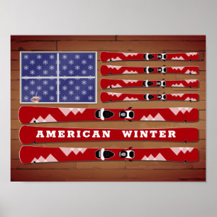 Skis and Snowflakes USA Flag mit Holzwall Poster