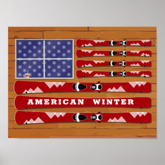 Skis and Snowflakes USA Flag mit Holzwall Poster