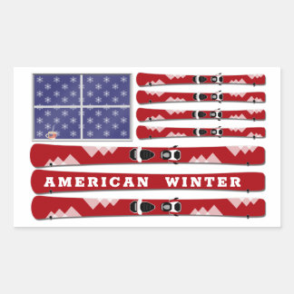 Skis and Snowflakes USA Flag zum Winter Rechteckiger Aufkleber